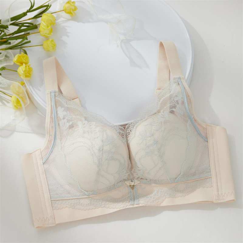 Sutien push-up cu cupă 3/4, cupă medie modelată, țesătură dantelată, căptușeală din nailon, patru rânduri de închizături la spate