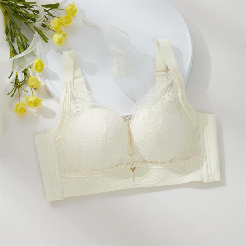 Sutien push-up cu cupă 3/4, cupă medie modelată, țesătură dantelată, căptușeală din nailon, patru rânduri de închizături la spate