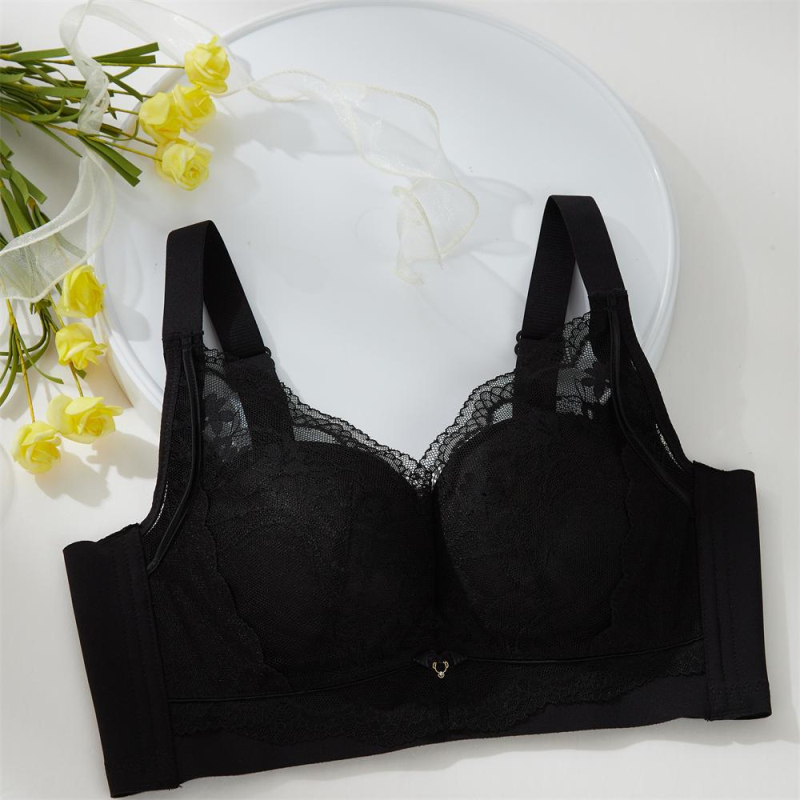 Sutien push-up cu cupă 3/4, cupă medie modelată, țesătură dantelată, căptușeală din nailon, patru rânduri de închizături la spate