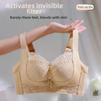 Sutien din dantelă din nailon, fără arc, cu cupă 3/4, cupă turnată cu partea superioară subțire și partea inferioară mai groasă, bretele fixe dublu, închidere din spate cu patru rânduri de cârlige