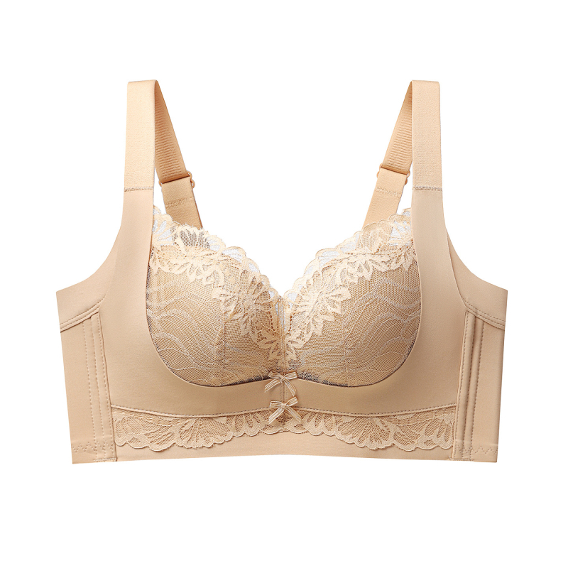 Sutien din dantelă din nailon, fără arc, cu cupă 3/4, cupă turnată cu partea superioară subțire și partea inferioară mai groasă, bretele fixe dublu, închidere din spate cu patru rânduri de cârlige
