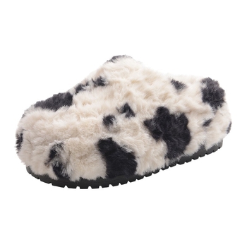 Plišane papuče s temom krave, tople i udobne za nošenje, Slip-On, gornji PU, unutarnji PU, gumeni đon, zaobljeni vrh, ležerni stil