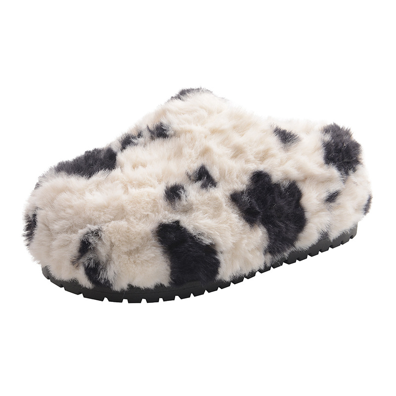 Plišane papuče s temom krave, tople i udobne za nošenje, Slip-On, gornji PU, unutarnji PU, gumeni đon, zaobljeni vrh, ležerni stil