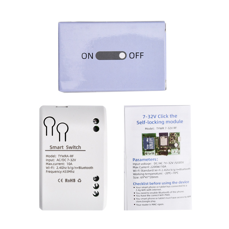 1-канален RF релейен модул с WiFi дистанционно управление, 10A, моментно включване и самозаключване, управление чрез приложение