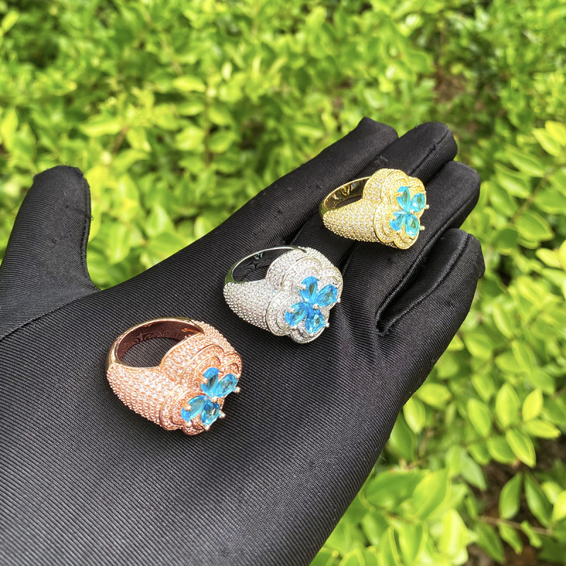 Gyűrű | réz-zircon, virág alak, polírozott elektroplakációs bevonat, stílus: virág, Insta stílus