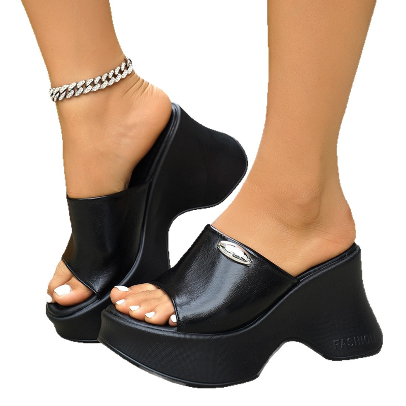 Női egypántos slip-on szandál - Peep Toe, koreai stílus, felsőrész hosszú plüss anyagból, bőr talp