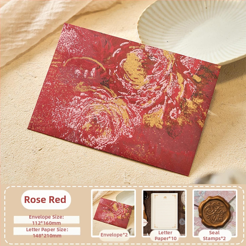 Комплект конверти от серия Цветни писма с златен релеф на специална хартия — модел Конверт сред цветя, ретро стил, подаръчен комплект