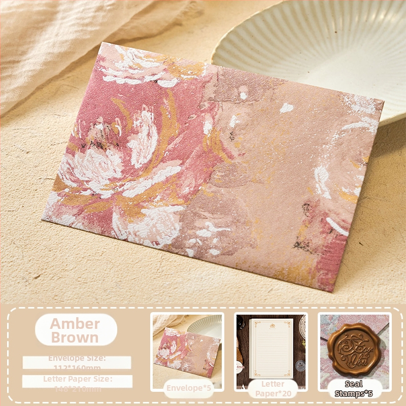 Комплект конверти от серия Цветни писма с златен релеф на специална хартия — модел Конверт сред цветя, ретро стил, подаръчен комплект