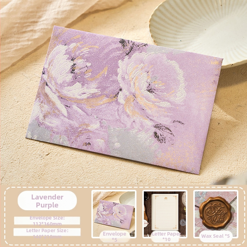 Комплект конверти от серия Цветни писма с златен релеф на специална хартия — модел Конверт сред цветя, ретро стил, подаръчен комплект