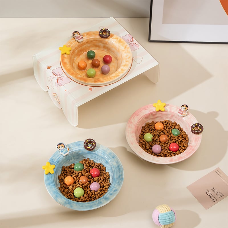 Macska kerámiás lassú etetéses tál emelt tartóval, Anmeixi