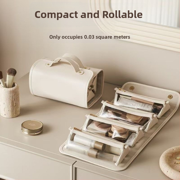 PU sminktáska: vízálló, átlátszó panel, domborított textúra, kopásálló, kibővíthető, hordozható, száraz-nedves szétválasztás