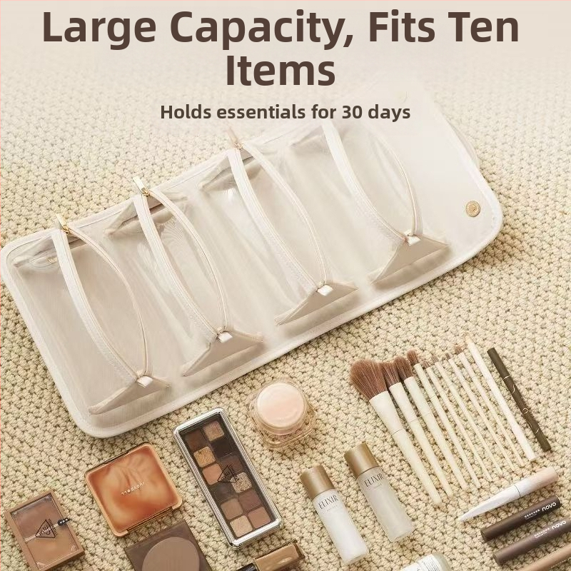 PU sminktáska: vízálló, átlátszó panel, domborított textúra, kopásálló, kibővíthető, hordozható, száraz-nedves szétválasztás