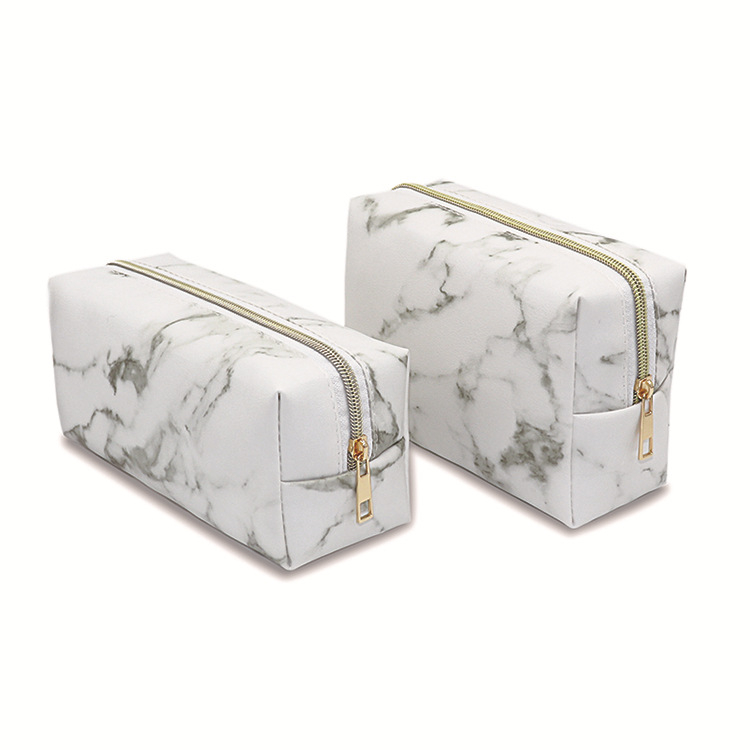 Márvány mintás sminktáska, koreai stílusú PU bőr, cipzáras nyitás, horizontális négyszög alakú