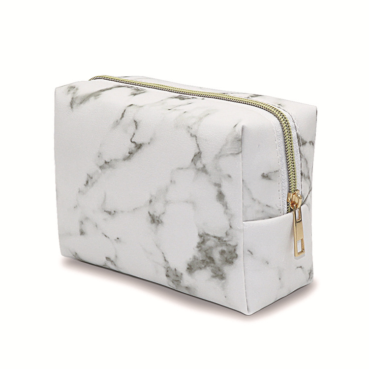 Márvány mintás sminktáska, koreai stílusú PU bőr, cipzáras nyitás, horizontális négyszög alakú