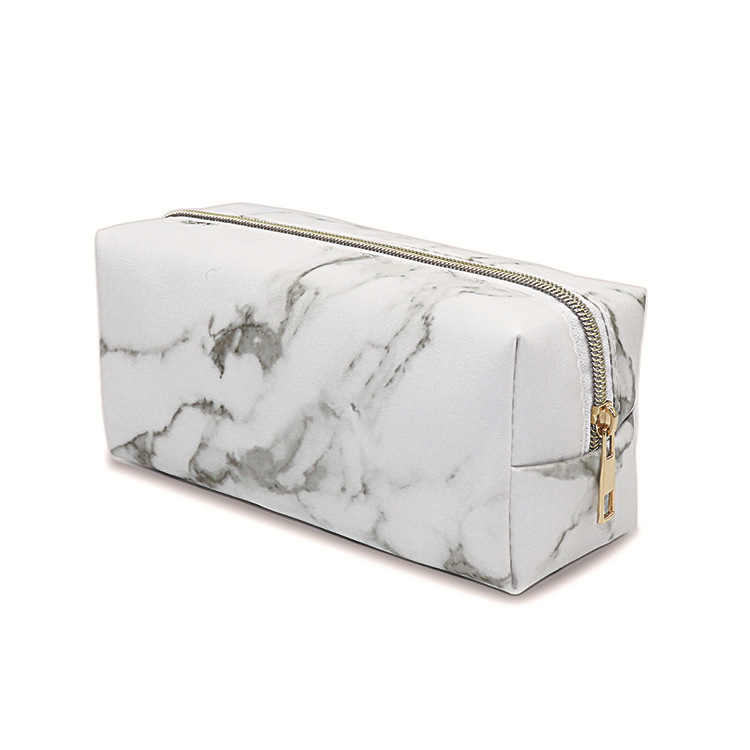 Márvány mintás sminktáska, koreai stílusú PU bőr, cipzáras nyitás, horizontális négyszög alakú