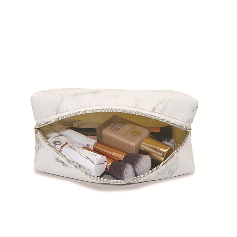 Márvány mintás sminktáska, koreai stílusú PU bőr, cipzáras nyitás, horizontális négyszög alakú