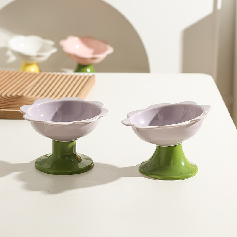 Virágos macska tál – kerámia macska étel- és víztál, magas talppal és nyakvédővel