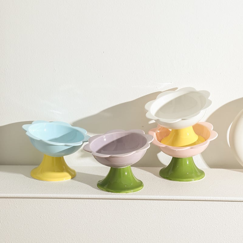 Virágos macska tál – kerámia macska étel- és víztál, magas talppal és nyakvédővel