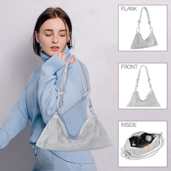 Kézzel készített strasszos, estélyi alkar-táska teljes gyémánt hatású csillogással, cipzárral, poliészterrel, ID-kártya zsebbel, vízszintes négyszögletes alak — Pudiai