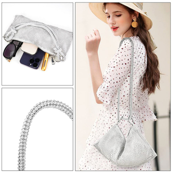 Kézzel készített strasszos, estélyi alkar-táska teljes gyémánt hatású csillogással, cipzárral, poliészterrel, ID-kártya zsebbel, vízszintes négyszögletes alak — Pudiai