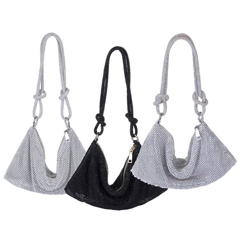 Kézzel készített strasszos, estélyi alkar-táska teljes gyémánt hatású csillogással, cipzárral, poliészterrel, ID-kártya zsebbel, vízszintes négyszögletes alak — Pudiai