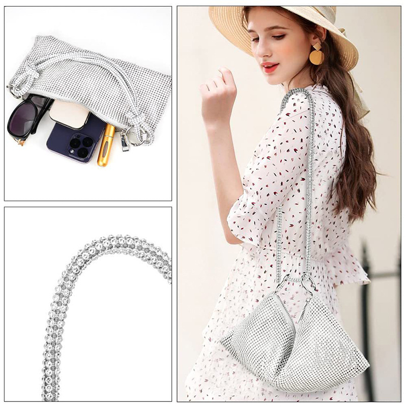 Kézzel készített strasszos, estélyi alkar-táska teljes gyémánt hatású csillogással, cipzárral, poliészterrel, ID-kártya zsebbel, vízszintes négyszögletes alak — Pudiai