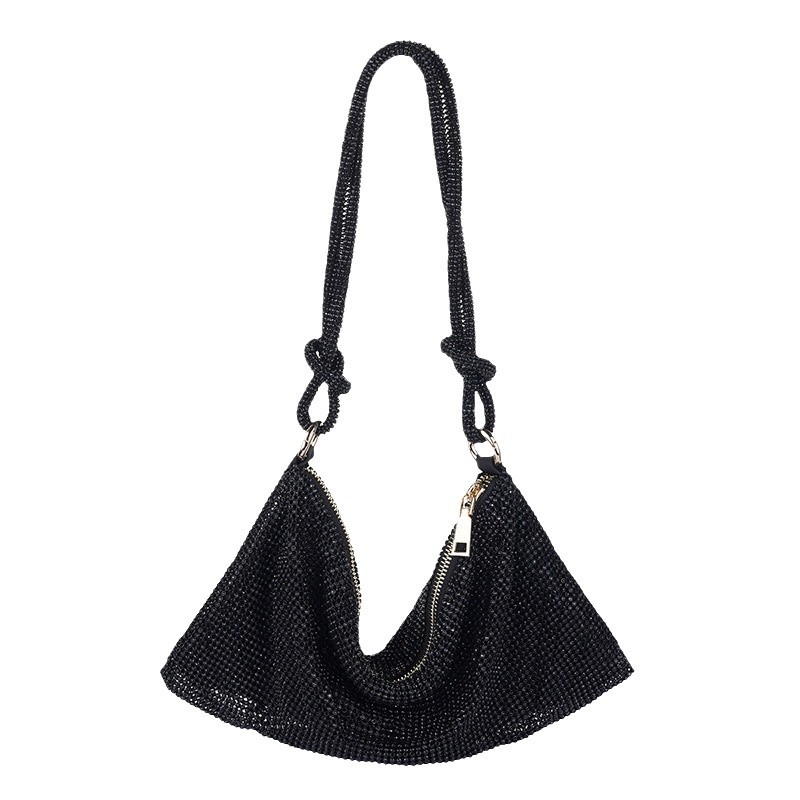 Kézzel készített strasszos, estélyi alkar-táska teljes gyémánt hatású csillogással, cipzárral, poliészterrel, ID-kártya zsebbel, vízszintes négyszögletes alak — Pudiai