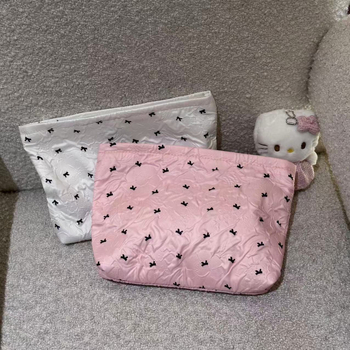 Bowknot sminktáska, nagy kapacitású, PU anyag, poliészter bélés, print mintázat, cipzár