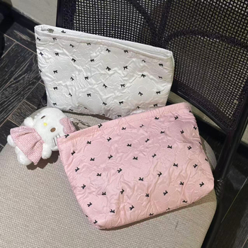 Bowknot sminktáska, nagy kapacitású, PU anyag, poliészter bélés, print mintázat, cipzár