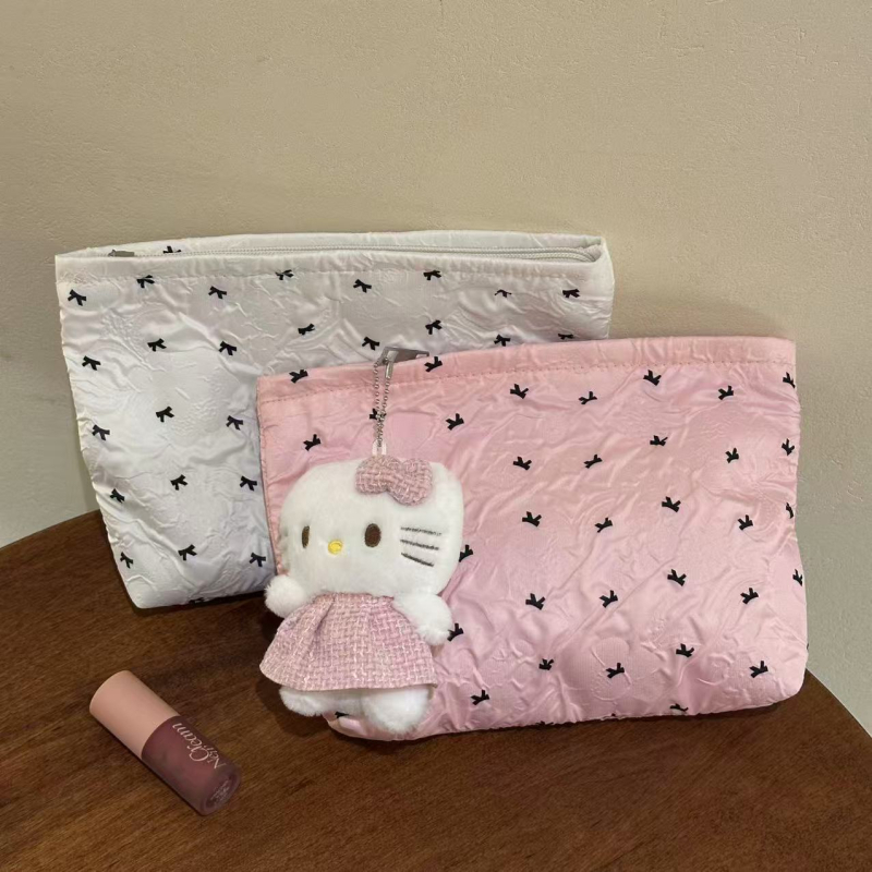 Bowknot sminktáska, nagy kapacitású, PU anyag, poliészter bélés, print mintázat, cipzár