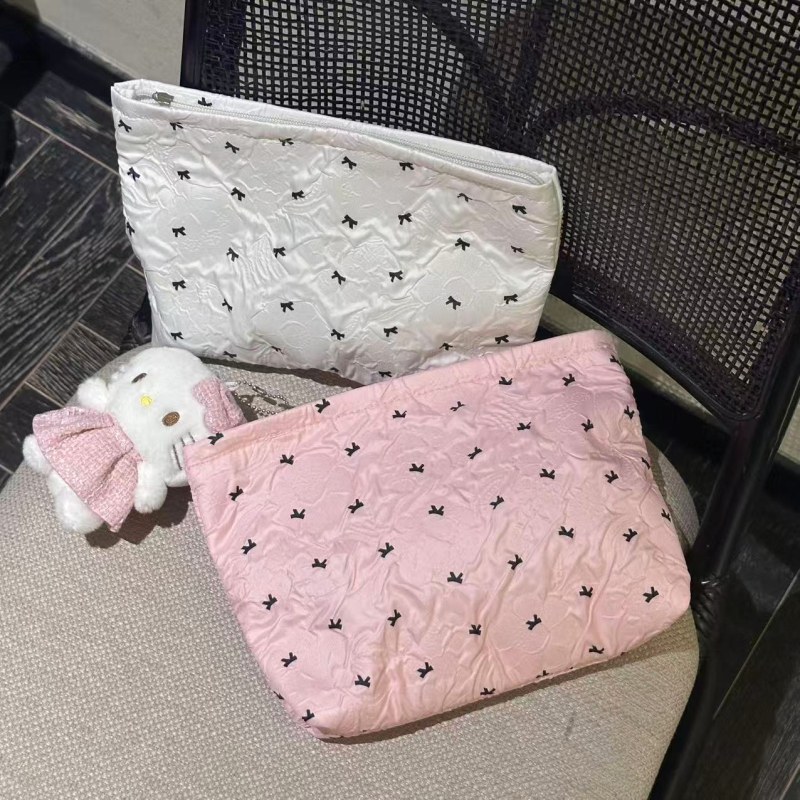 Bowknot sminktáska, nagy kapacitású, PU anyag, poliészter bélés, print mintázat, cipzár