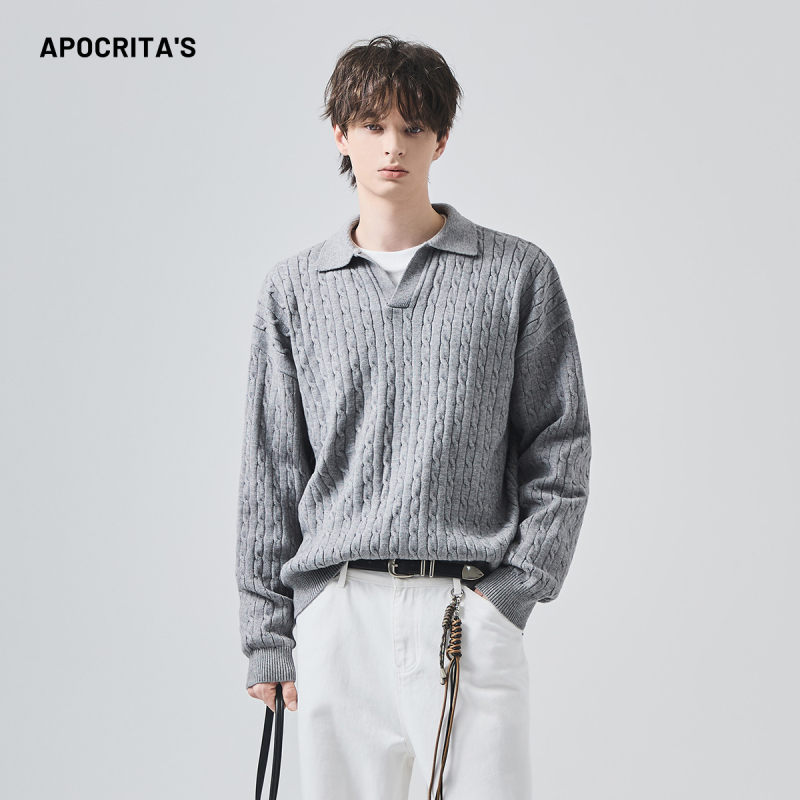 APO pleteni džemper s polo ovratnikom, slobodan kroj, jacquard uzorak, jesen-zima