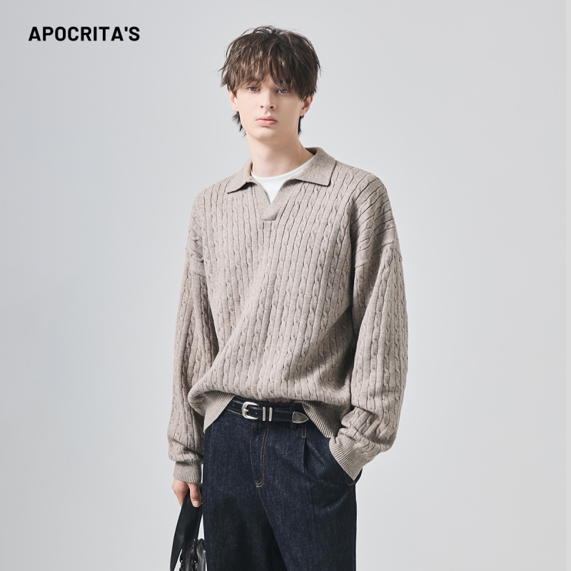 APO pleteni džemper s polo ovratnikom, slobodan kroj, jacquard uzorak, jesen-zima