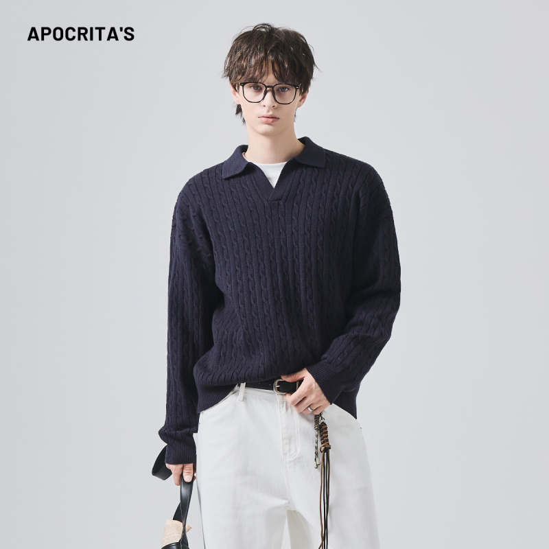 APO pleteni džemper s polo ovratnikom, slobodan kroj, jacquard uzorak, jesen-zima