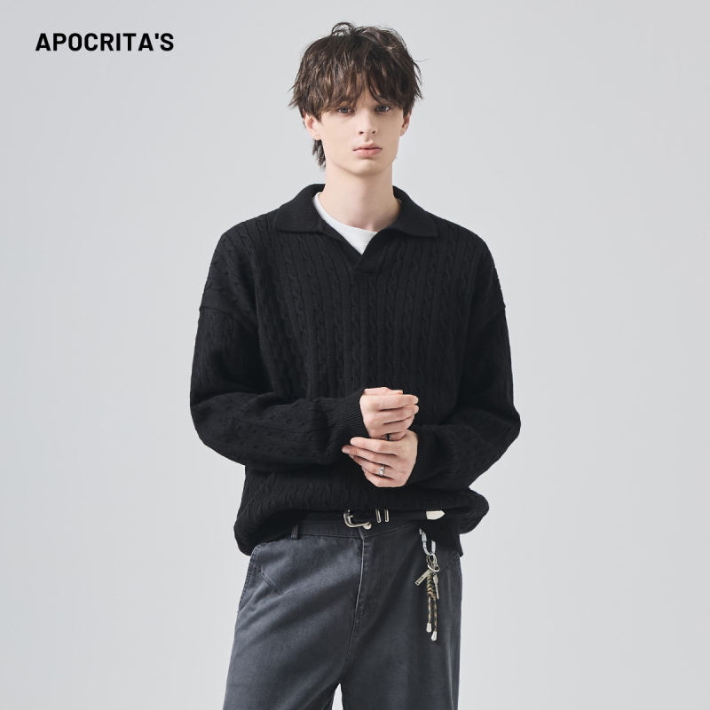 APO pleteni džemper s polo ovratnikom, slobodan kroj, jacquard uzorak, jesen-zima