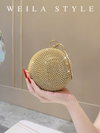 Okrugla večernja clutch s kristalima | Box bag stil, čvrsta konstrukcija, poliester podstava, otvor na vrhu
