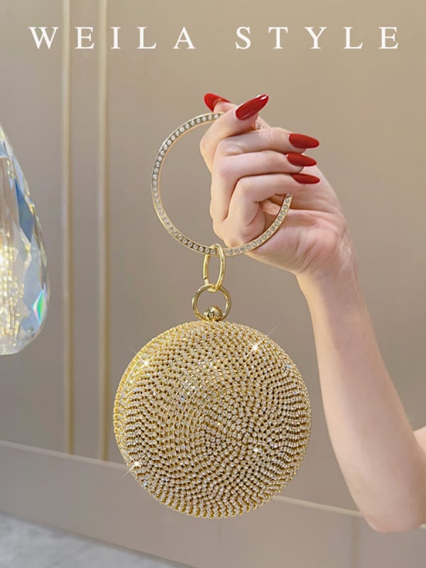 Okrugla večernja clutch s kristalima | Box bag stil, čvrsta konstrukcija, poliester podstava, otvor na vrhu