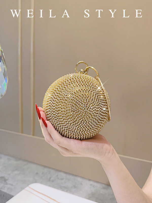 Okrugla večernja clutch s kristalima | Box bag stil, čvrsta konstrukcija, poliester podstava, otvor na vrhu