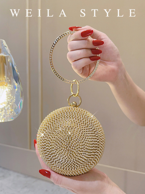 Okrugla večernja clutch s kristalima | Box bag stil, čvrsta konstrukcija, poliester podstava, otvor na vrhu