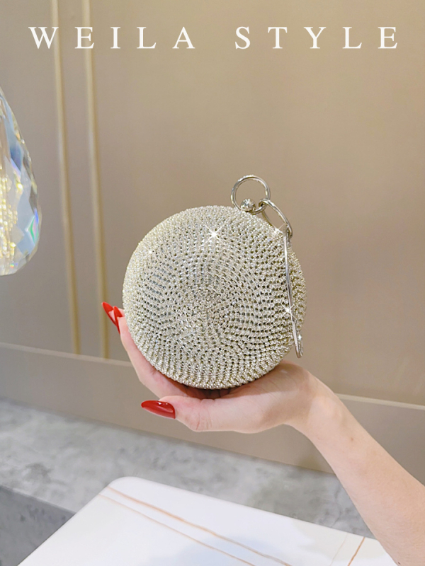 Okrugla večernja clutch s kristalima | Box bag stil, čvrsta konstrukcija, poliester podstava, otvor na vrhu