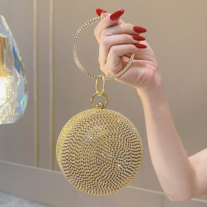 Okrugla večernja clutch s kristalima | Box bag stil, čvrsta konstrukcija, poliester podstava, otvor na vrhu