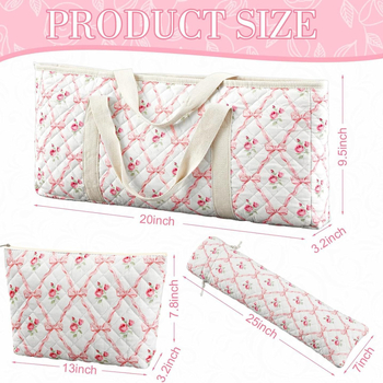 Visokokapacitna torbica za šminku, prijenosna s cvjetnim uzorkom, šivani quilt dizajn, 3-dijelni set