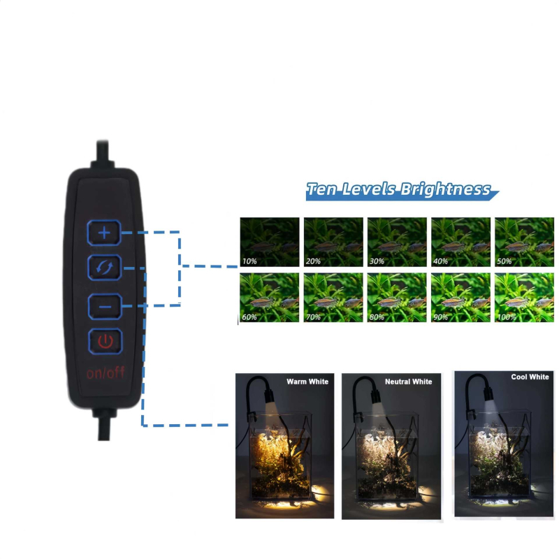 LED svjetlo s klipsom za akvarijem, USB napajanje, 10W, podesivi načini osvjetljenja s tajmerom, PVC kućište