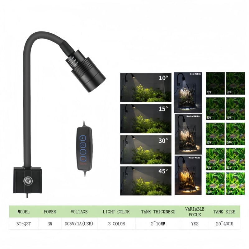 LED svjetlo s klipsom za akvarijem, USB napajanje, 10W, podesivi načini osvjetljenja s tajmerom, PVC kućište