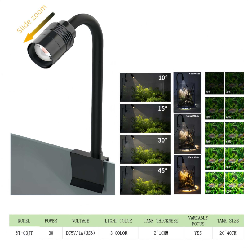 LED svjetlo s klipsom za akvarijem, USB napajanje, 10W, podesivi načini osvjetljenja s tajmerom, PVC kućište