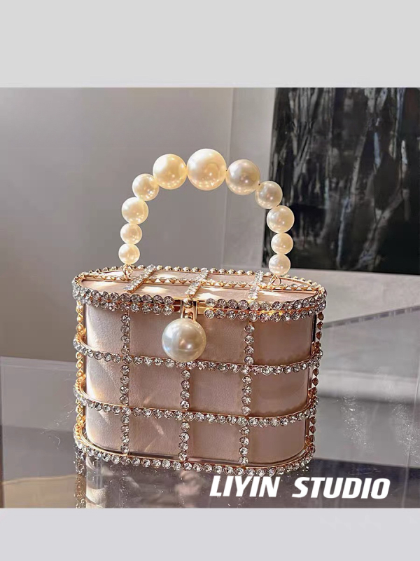 Torba bucket u francuskom stilu s dijamantnim ukrasima i perforiranim bisernim detaljima, PU materijal