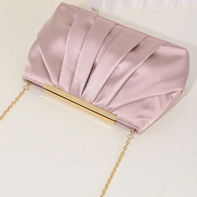 Plisirana večernja clutch torbica od poliestera – tijelo i podstava od poliestera, mali vodoravni kvadratni oblik, otvoreni vrh, meka tekstura