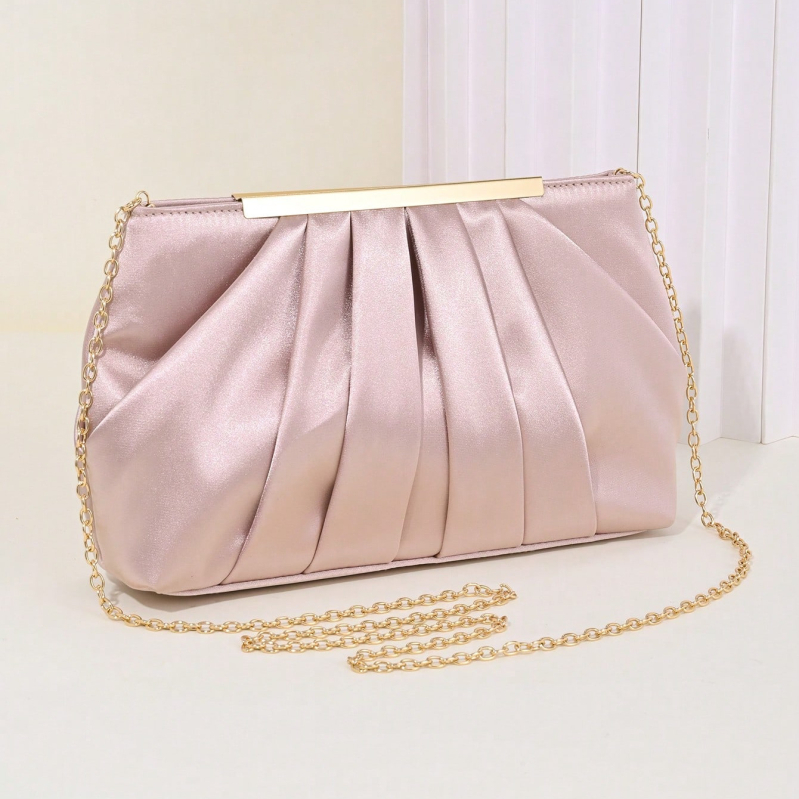 Plisirana večernja clutch torbica od poliestera – tijelo i podstava od poliestera, mali vodoravni kvadratni oblik, otvoreni vrh, meka tekstura