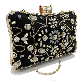 Večernja clutch torbica s perlama i dijamantima, svilen vanjski dio, poliester podstava, vodoravni kvadratni oblik, unutarnji džep za telefon, zaključavanje