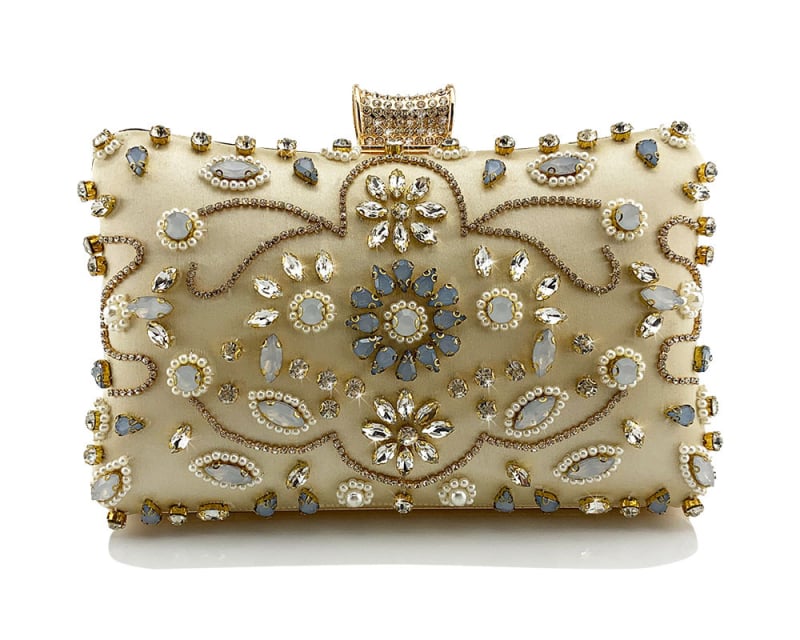 Večernja clutch torbica s perlama i dijamantima, svilen vanjski dio, poliester podstava, vodoravni kvadratni oblik, unutarnji džep za telefon, zaključavanje